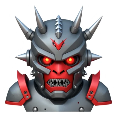 futuristic berserker war robot portrait, head and shoulders only, angry faceplate, jagged mouth grill, glowing eyes, spiked shoulder armor, scratched metal, intimidating look, 3D cartoon, mobile game icon style, clean background, no text, no watermark
 sticker