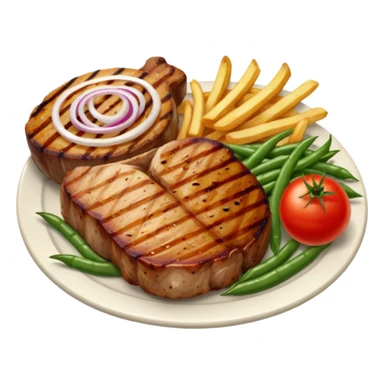 pork chops, fries, tomato onion salad, beans, and avocado on the side  sticker