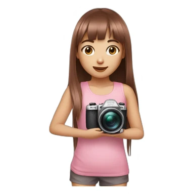 cute girl with dark brown eyes and long, straight rose hair with fringe and holding camera and wearing pink tank top sticker