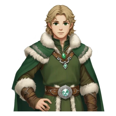 Medieval winter outfit worn by a DnD themed fantasy male character. Heavy olive green wool tunic with lynx fur collar, secured with ornate silver fastenings and a thick embossed leather belt. Clothes only above the waist, full waist coverage. The character has no arms. Character is white-skinned with golden brown hair, forest green eyes, and shoulder-length wavy hair with ice-crystal highlights. sticker