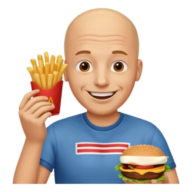 Bald headed man eating a hamburger and French fries smiling  sticker