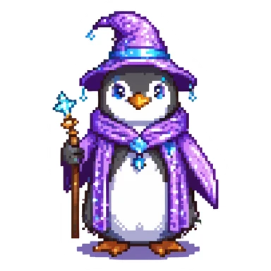 Penguin wizard with purple robe and blue magical sparkles sticker