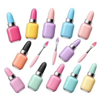 Minimalist nail art sticker pack featuring a cute female nail artist, nail tools like brushes and files, colorful nail polish bottles, small decorated nails, simple and clean design, pastel colors, kawaii style, delicate and charming, high-resolution, perfect for nail stickers sticker