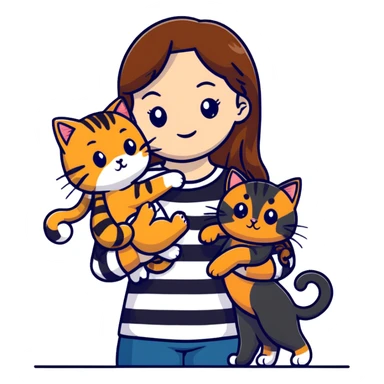 tan girl with long brown hair holding two cats, one black cat and one grey-striped cat sticker