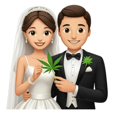 Bride in white dress and groom in tuxedo sharing a cannabis joint, cheerful cartoon wedding couple sticker