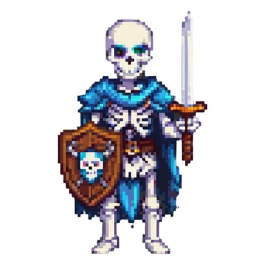 pixel art skeleton with a sword and shield sticker