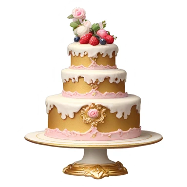 aesthetic vintage rococo cake with white icing, berries on a gold, pale pink, and white ceramic plate stand  sticker