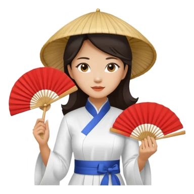 a vietnamese woman wearing a white ao dai holding a folding fan elegantly, wearing a nón lá sticker