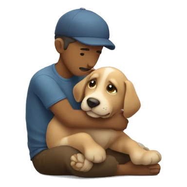 Puppy tightly hugs sitting man emotionly sticker