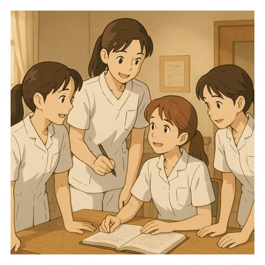 Four nursing students collaborating and interacting indoors, wearing white short-sleeve uniforms with V-neck tunic tops and left chest pockets, bare forearms, long hair tied back, no collar stand or stethoscopes, faces inspired by provided references, Ghibli style sticker