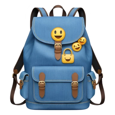 An emoji-style blue denim backpack with a flap top and one small buckle straps attached only on the flap, not connected to the front panel. No front pockets or vertical straps below the flap. Clean and minimal design with two side pockets. 



 sticker