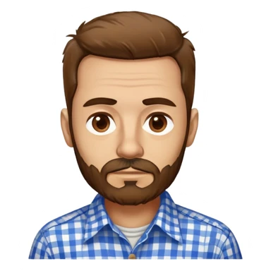 Skinny Puerto Rican man in his mid-50s with light skin. Thin face with defined features. Messy, disheveled brown hair. Untidy brown beard. Wearing a blue and white checkered button-up shirt that looks loose on his slim frame. sticker