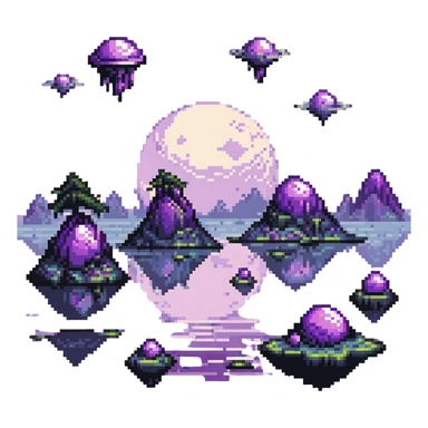 Alien planet with purple sky and floating islands in pixel art style. sticker