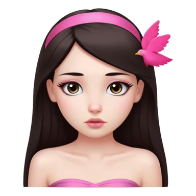 girl with white skin, dark brown long straight hair falling in front of her body, pouty shiny lips without cupid's bow, shiny large eyes with long eyelashes, lighter button nose, very long oval-shaped face, wearing a pink bandeau top with straight neckline, looking directly at camera with hands down at sides sticker