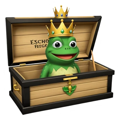 Emoji of an empty wooden coffin with its lid on top, the word ‘ECHO’ carved into the lid. The coffin is shown from the outside. A king-like Pepe the Frog, standing outside the coffin, is hammering nails into the lid to seal it shut. No character is inside the coffin. Not a treasure chest. sticker