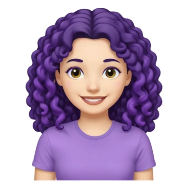 mujer blanca con cabello largo rizado negro sonriendo con camiseta lila sticker