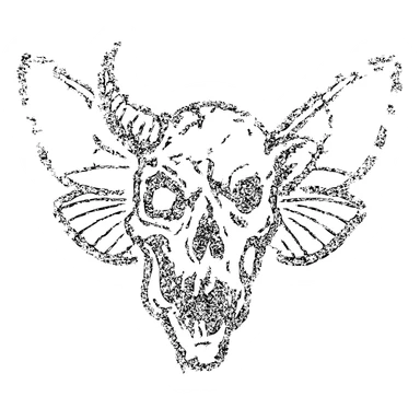 detailed red line art of nightmarish minotaur-stoat hybrid skull with broken horn and glowing eye, with moth wings, featuring mostly empty transparent center with detailed elements concentrated around the edges, heavily weathered perimeter with deliberate damage, hollow middle, twisted features, 100% red sticker