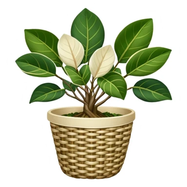 Elegant ficus elastica tineke rubber plant with shading and highlights in a cotton woven basket sticker