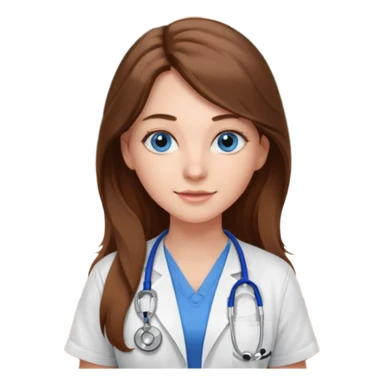 inside a classroom at university, a pretty female nursing student with long brown hair, blue eyes sticker