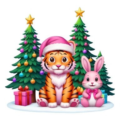 Smiling Pink tiger with Santa hat sitting with a bunny as friends and brightly lit colorful Christmas trees 🎁  sticker