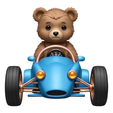 dark crystal blue and rosegold-accented rc racing car driven by a small cute fearless teddy business bear with rear spoiler, roll bar, and wheely bar sticker