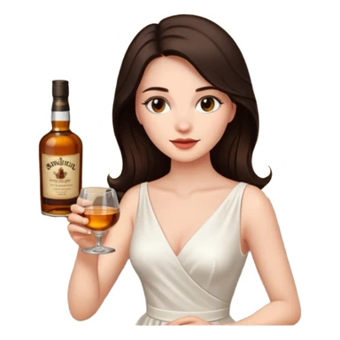 Beautiful woman in 1950’s woman fashion look, white dress, long dark brown hair, whisky sticker