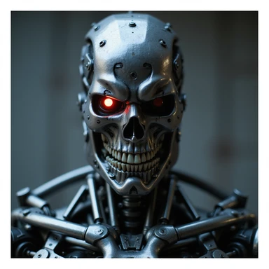 threatening Terminator robot with red eye, realistic style, science fiction movie inspired sticker