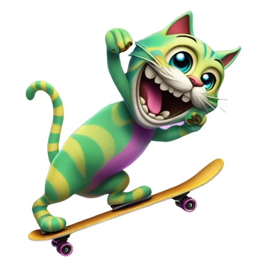 🦎 skating happily with eyes in colorful hues like the Cheshire Cat from Alice in Wonderland."



 sticker