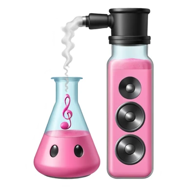 bublegum pink flask beaker with music coming out, as well as a vintage audio speaker sticker