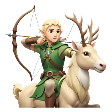 clash-of-clans-aesthetic-blond-male elf-archer-portrait-emoji, rendered in a flat, vector-style with minimal shading and bold holding his bow, simplified shapes, head tilted slightly forward with a determined, focused expression, riding a majestic white stag whose antlers glow with mystical energy, set against an ancient, enchanted forest backdrop. sticker