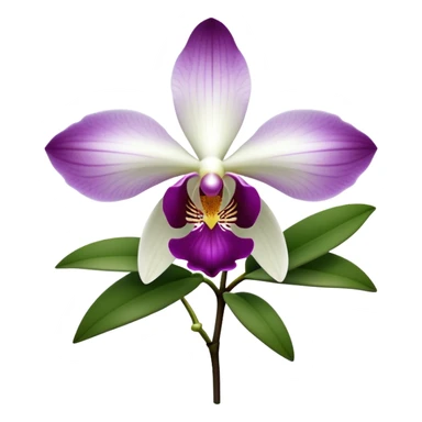 Cinematic Realistic Orchid Emoji, Exotic and elegant, with intricate, velvety petals in deep purple and white, forming a delicate and symmetrical blossom. The slender green stem holds the flower high, while surrounding leaves add lush contrast. Soft glowing outline, capturing the essence of rare beauty and sophistication in a captivating orchid. sticker