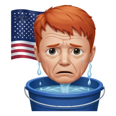 short red haired older man crying into bucket with USA flag on it sticker