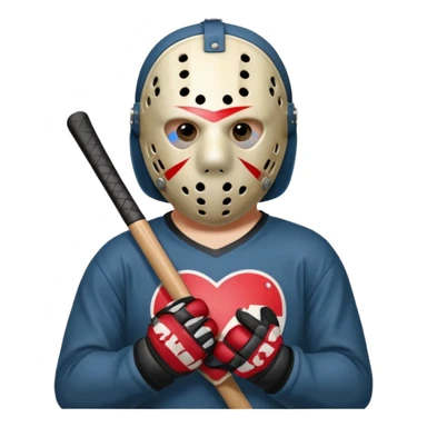 a cartoon image of Jason Voorhees, looking cute, with his hands clasped in front of him, at a sideways angle, looks like he is in love sticker