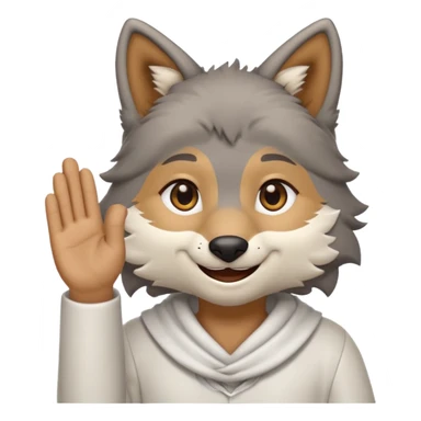 gray wolf furry with brown eyes, white dishdasha, smiling, right hand showing, emoji style icon sticker