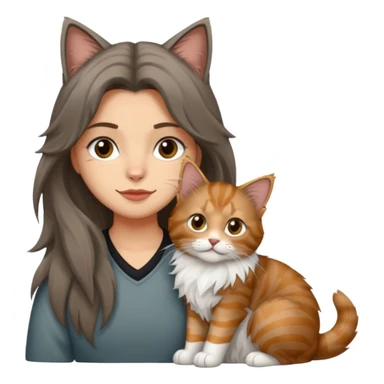 Emojis de una chica de pelo castaño largo sujetando un gatito gordo peludo mainecoon de colores gris negro y marrón  sticker