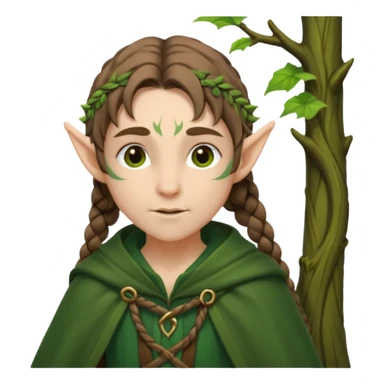 forest elf, brown braid, green cloak, gentle expression sticker