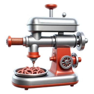 sausage-processing droid. retro-futuristic style. top is a circular industrial meat grinder with rotating gears and blades. Two robotic arms feed material into grinder. Sausage links extrude from the rear like  factory. The body is metallic, compact, and floats above the ground.no legs. Dark humor sticker