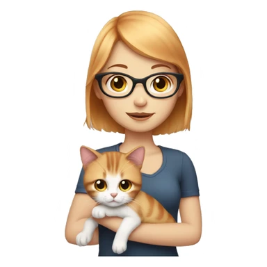 White skin, short strawberry-blonde haired girl with glasses holding calico cat sticker