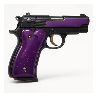 Refine the photorealistic purple heart pistol: increase the realism, add subtle metallic reflections, enhance the glossy finish, and improve the heart shape details, on a white background. Maintain photorealistic style with subtle metallic reflections and glossy finish. sticker