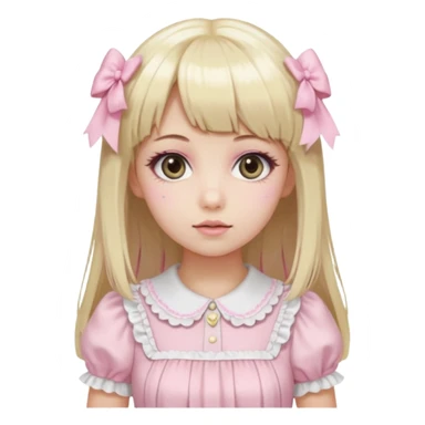 pale girl , who has straight hair medium length blonde and baby pink swirled hair with bangs , grey eyes , and doll like makeup , in a light pink lolita hime gyaru dress emoji | AI Emoji Generator sticker