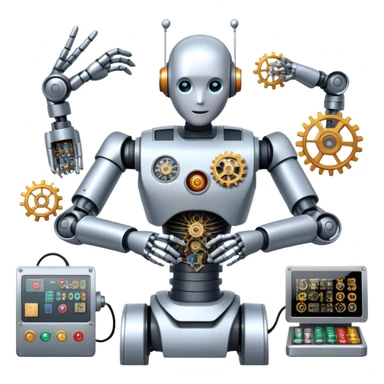 An icon featuring a humanoid robot assembling parts with robotic arms, surrounded by gears, circuit boards, and sensors, symbolizing robotics. The design includes a control panel and AI interface, representing automation, engineering, and innovation. Transparent background. sticker