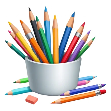 Drawing tools, colored pencils, brushes, markers, pastels, sketching, artistic tools scattered, vibrant colors, clean lines, minimalistic, on a white background, no extra details. sticker