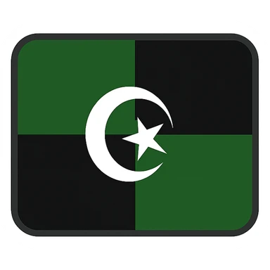 Redraw this flag as a simple, clear, minimal emoji icon with four quadrants in black and dark green background, and a white crescent and star in the center. The style should be minimal and clean with transparent background. sticker