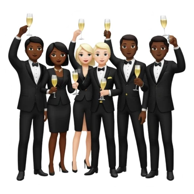 Un equipo cin trajes negros, personas blancos y negros de ventas celebrando un logro con un brindis. El fondo negro totalmente  sticker