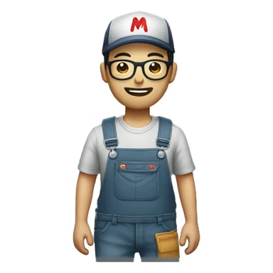 An Asian man with a beard and glasses, wearing an overalls and a button-up shirt and a dark cap with a red letter "M" design sticker