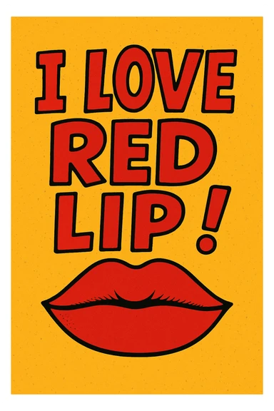 stylized mouth with closed lips, matte red lipstick, and the words 'I love red lip!' in a playful, eye-catching layout sticker
