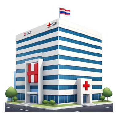 Hospital building with Thai flag waving, red cross medical symbol, Thailand flag with red white blue stripes sticker