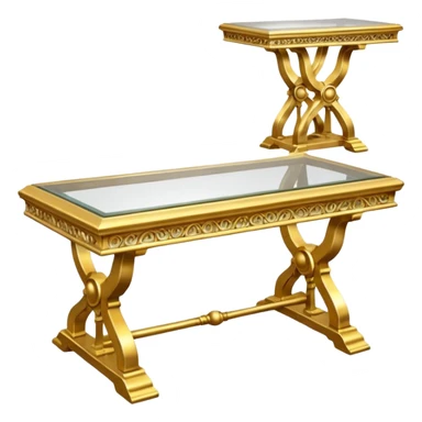 A glass topped rectangular trestle table with 2 side benches and 2 thrones at the ends sticker