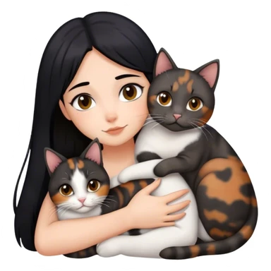 girl with black hair hugging three cats  (tortie cat, dark gray cat, brown calico cat) sticker