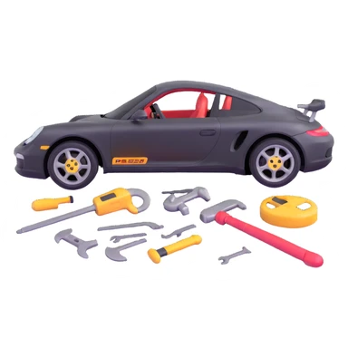 icon of a Porsche luxury car with a clearly visible dent or damage on the bodywork, with bodywork reconstruction tools like a lever, small hammer, and repair equipment positioned to show active repair, elegant and modern sticker